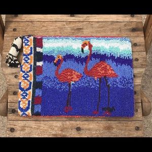 Anthropologie Hand Beaded Flamingo Clutch NWT EC